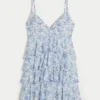 V Yaka Fırfırlı Katmanlı Babydoll Mini Elbise