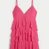 V Yaka Fırfırlı Katmanlı Babydoll Mini Elbise