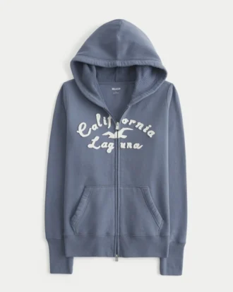 Waffle Astarlı Kapüşonlu Fermuarlı Logo Grafik Kapüşonlu Sweatshirt