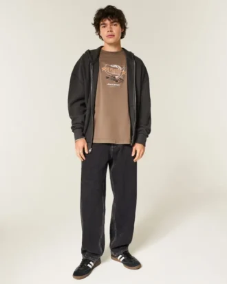 Yıkanmış Siyah Dikişli Skater Baggy Jeans