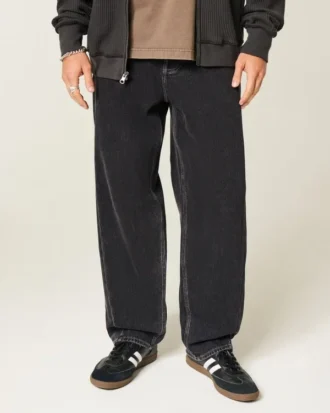 Yıkanmış Siyah Dikişli Skater Baggy Jeans