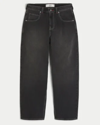 Yıkanmış Siyah Good Luck Nakışlı Skater Baggy Jeans