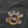 Yıkanmış Siyah Good Luck Nakışlı Skater Baggy Jeans