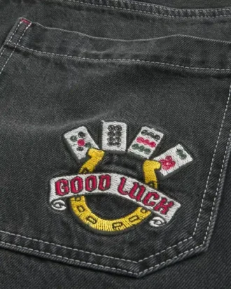 Yıkanmış Siyah Good Luck Nakışlı Skater Baggy Jeans