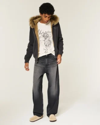 Yıkanmış Siyah Grafikli Skater Baggy Jean