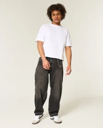 Yıkanmış Siyah Nakışlı Yılan Skater Bol Kesim Kot Pantolon