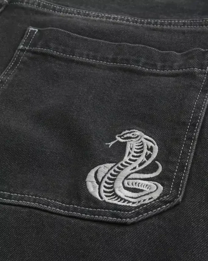 Yıkanmış Siyah Yılan Desenli Skater Baggy Jean