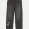 Yıkanmış Siyah Yıldız Grafik Bol Paça Kot Pantolon