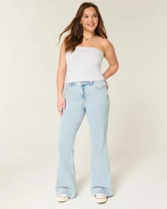 Yüksek Bel Açık Renkli Kalp Nakışlı Flare Jeans