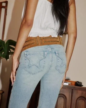 Yüksek Bel Açık Yıkama Yıldız Cepli Flare Jean