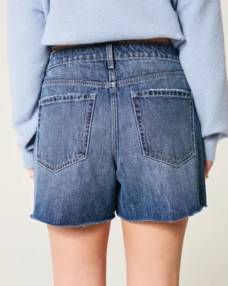 Yüksek Bel Orta Koyu Yıkama Rahat Denim Şort 5″