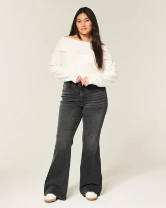 Yüksek Bel Yıkanmış Siyah Flare Jean