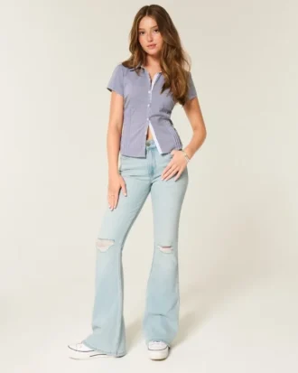 Yüksek Bel Yırtık Açık Yıkama Flare Jean