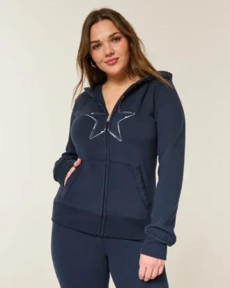 Yıldız Desenli Fermuarlı Kapüşonlu Sweatshirt